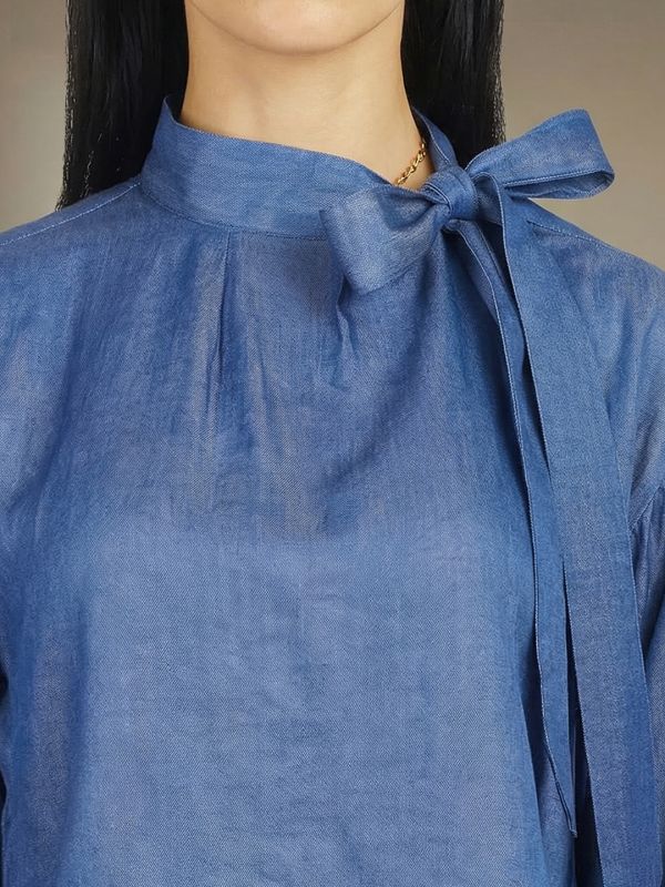Globus Women Blue Tie-Up Neck Detail Self Design Regular Sleeves Casual Top
