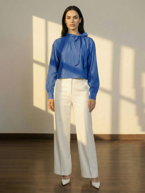 Globus Women Blue Tie-Up Neck Detail Self Design Regular Sleeves Casual Top