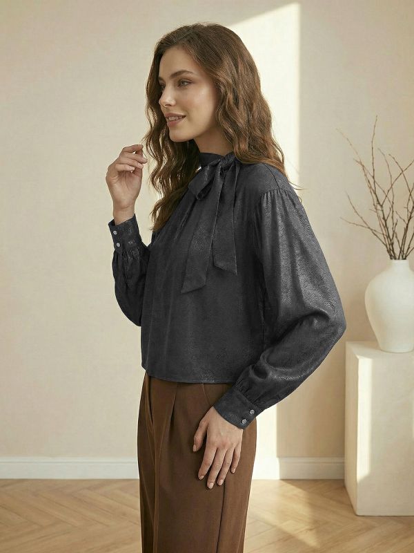 Globus Women Black Tie-Up Neck Detail Self Design Regular Sleeves Casual Top