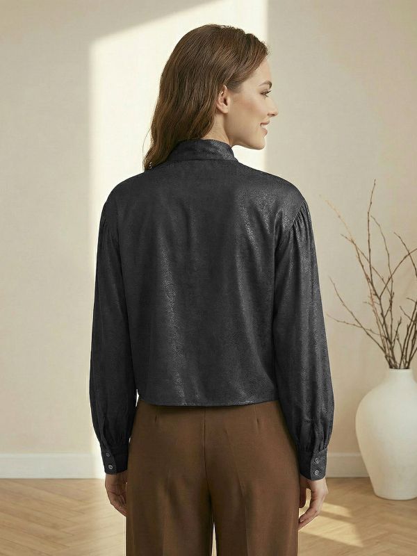 Globus Women Black Tie-Up Neck Detail Self Design Regular Sleeves Casual Top