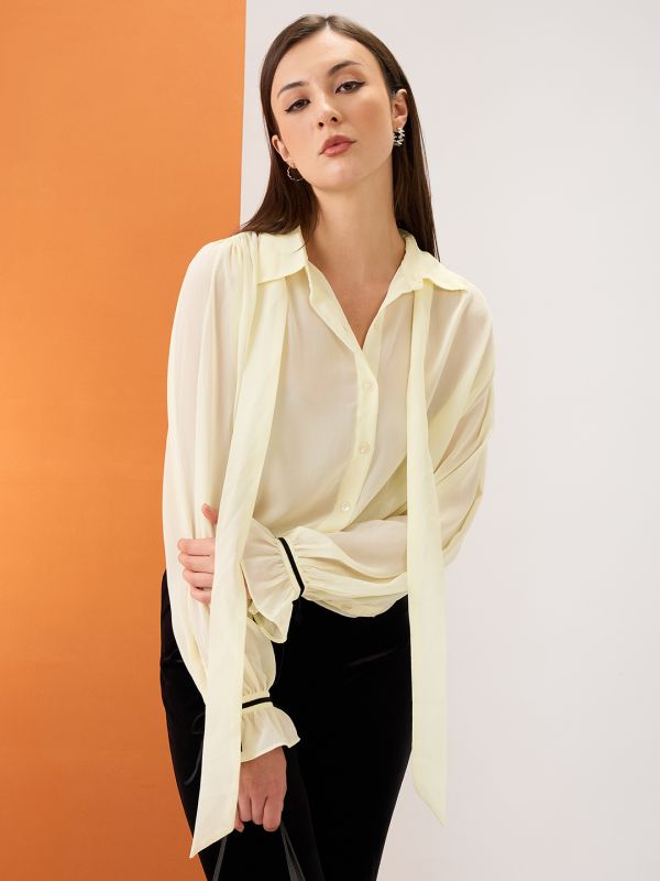 Globus Women Yellow Collared Neck Tie Detail Bishop Sleeves Chiffon Oversized Party Shirt