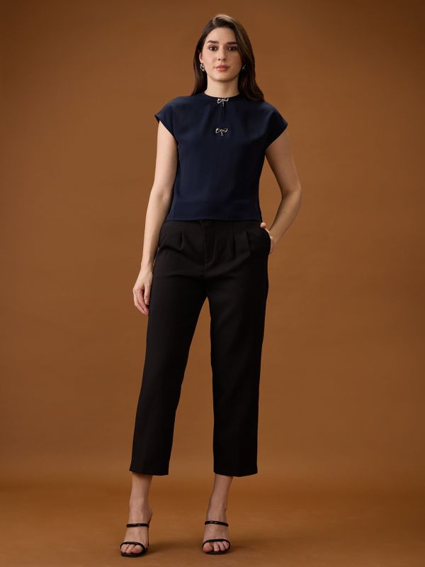 Globus Women Navy Blue Round Neck Extended Sleeve Solid Bow Detail Top