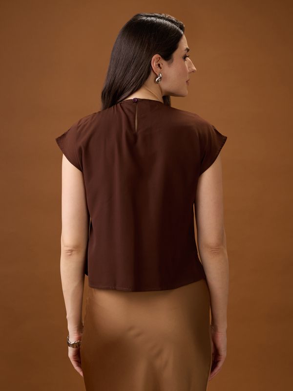 Globus Women Brown Round Neck Extended Sleeve Solid Bow Detail Top