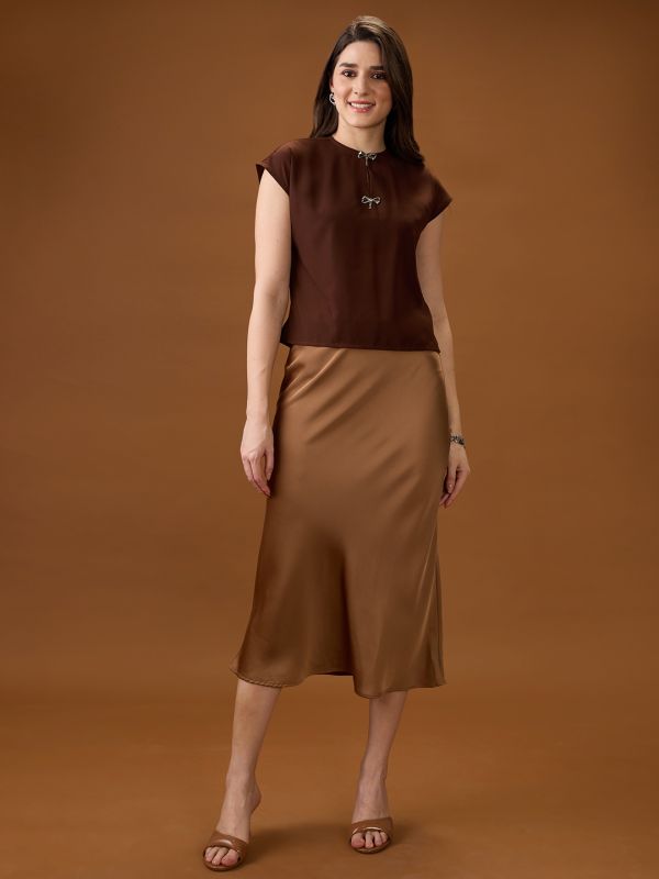 Globus Women Brown Round Neck Extended Sleeve Solid Bow Detail Top