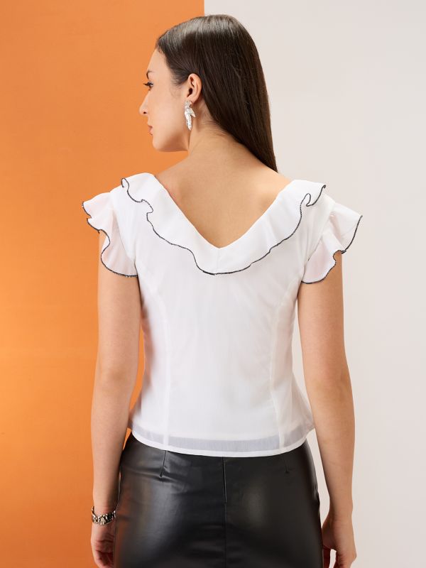 Globus Women White Flared Sleeves V-Neck Ruffle Piping Detail Chiffon Top