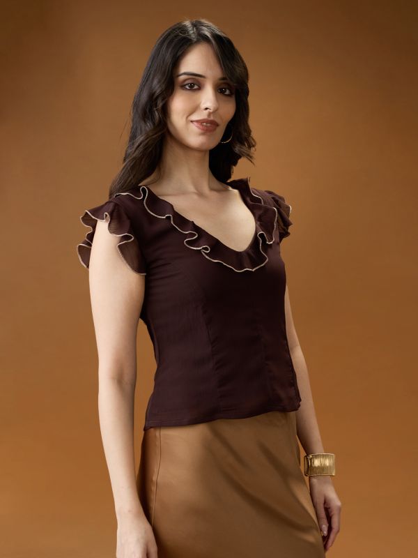 Globus Women Brown Flared Sleeves V-Neck Ruffle Contrast Piping Detail Chiffon Top