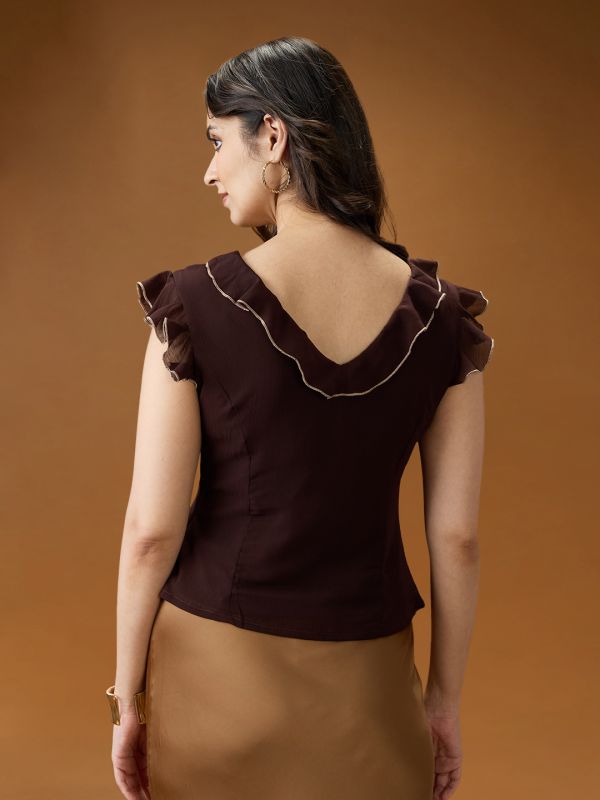Globus Women Brown Flared Sleeves V-Neck Ruffle Contrast Piping Detail Chiffon Top