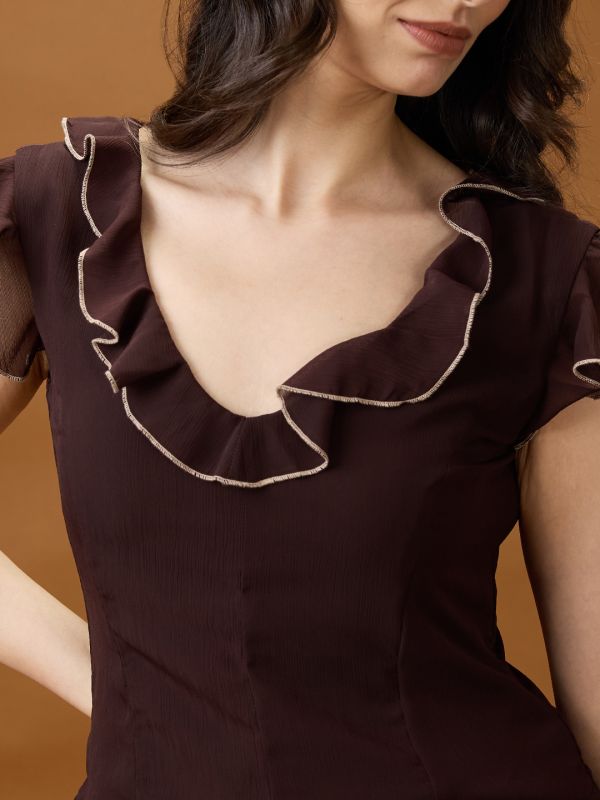 Globus Women Brown Flared Sleeves V-Neck Ruffle Contrast Piping Detail Chiffon Top