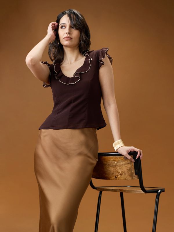 Globus Women Brown Flared Sleeves V-Neck Ruffle Contrast Piping Detail Chiffon Top
