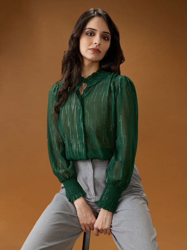 Globus Women Green Frilled Neck Bishop Sleeves Sequinned detail Georgette Shirt Style Top