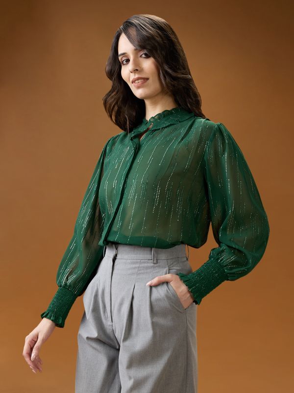 Globus Women Green Frilled Neck Bishop Sleeves Sequinned detail Georgette Shirt Style Top