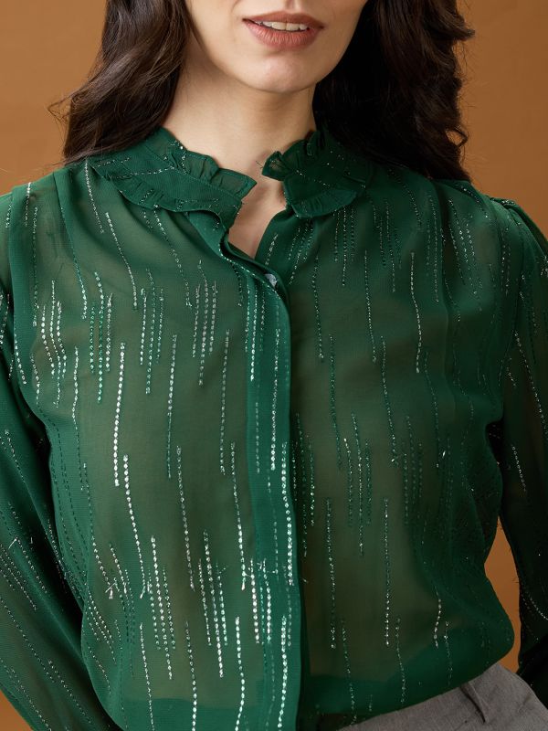 Globus Women Green Frilled Neck Bishop Sleeves Sequinned detail Georgette Shirt Style Top