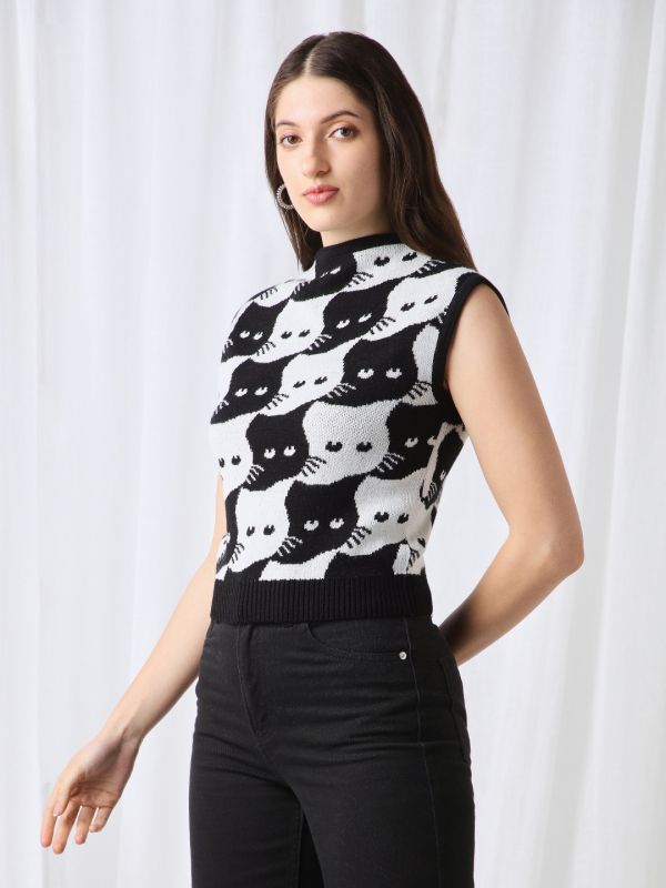 Globus Women Black Animal Self Design High Neck Extended Sleeves Acrylic Sweater Vest