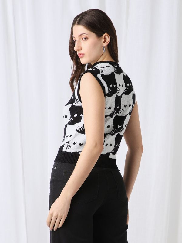 Globus Women Black Animal Self Design High Neck Extended Sleeves Acrylic Sweater Vest