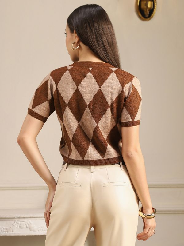 Globus Women Brown Round Neck Short Sleeves Geometric Acrylic Crop Cardigan Sweater
