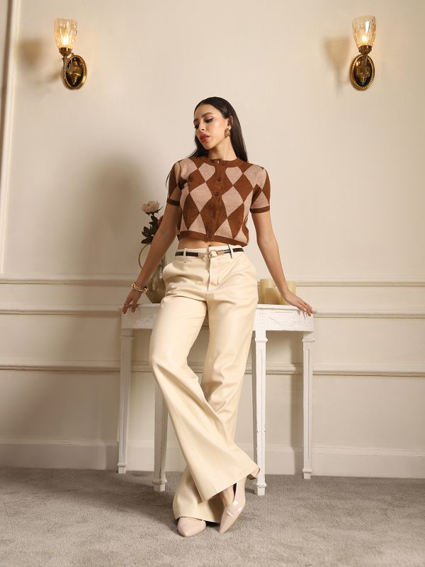 Globus Women Brown Round Neck Short Sleeves Geometric Acrylic Crop Cardigan Sweater
