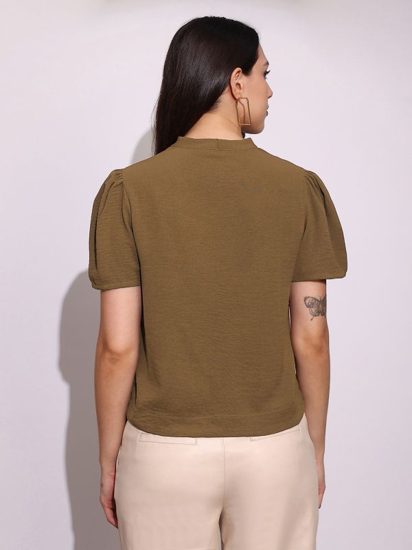 Globus Women Brown V-Neck Puff Sleeve Pleated Formal Top
