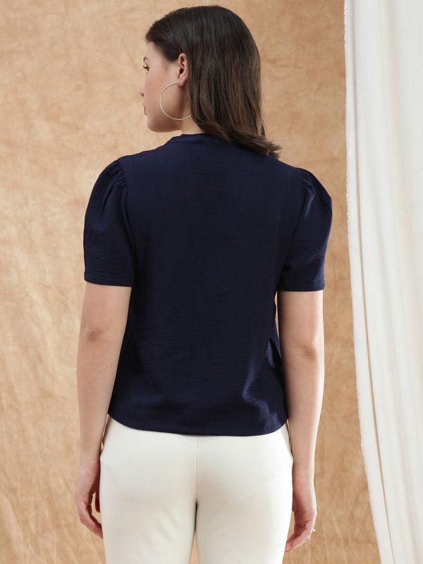 Globus Women Navy Blue V-Neck Puff Sleeve Pleated Formal Top