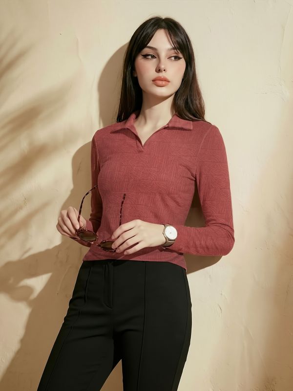 Globus Women Rust Self Design Collared Neck Long Sleeves Casual Top