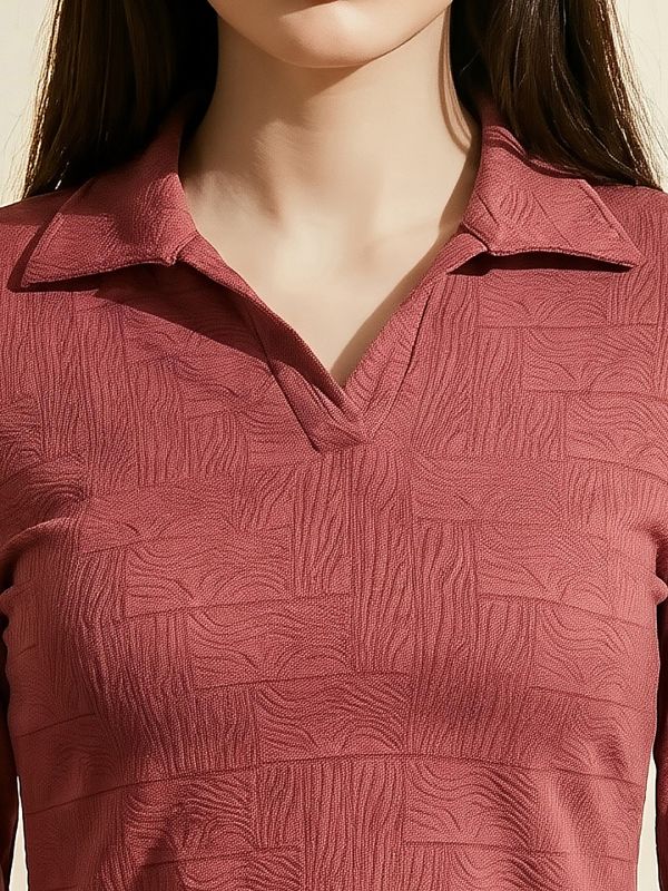 Globus Women Rust Self Design Collared Neck Long Sleeves Casual Top
