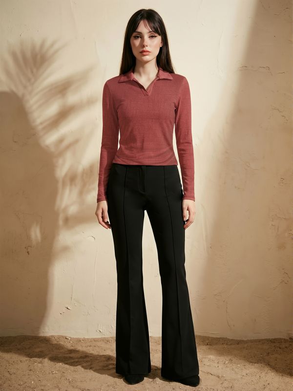 Globus Women Rust Self Design Collared Neck Long Sleeves Casual Top