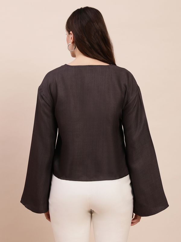 Globus Women Grey Embroidered V-Neck Bell Sleeves Top