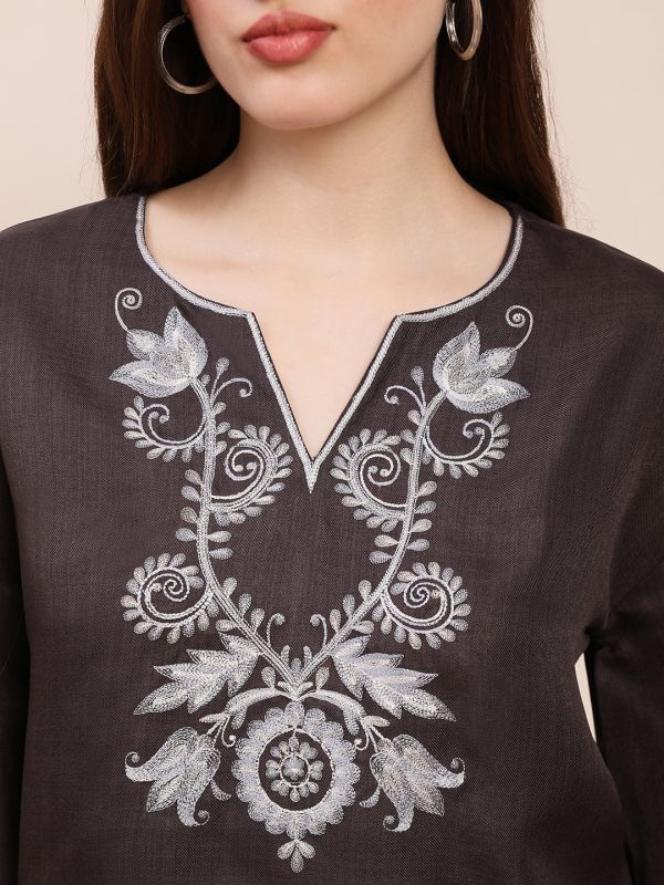 Globus Women Grey Embroidered V-Neck Bell Sleeves Top