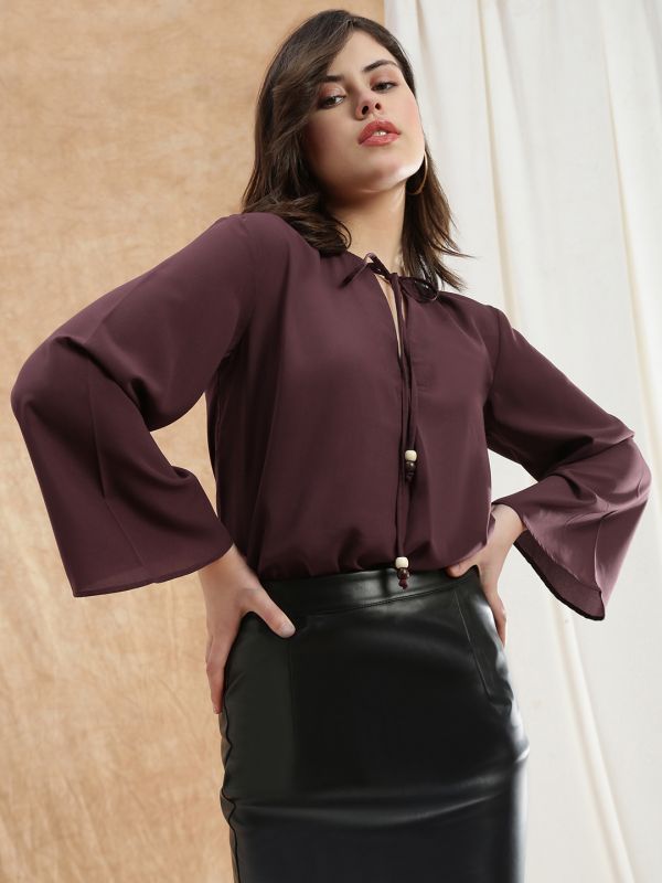 Globus Women Pink Tie-Up V-Neck Flared Sleeve Georgette Formal Top