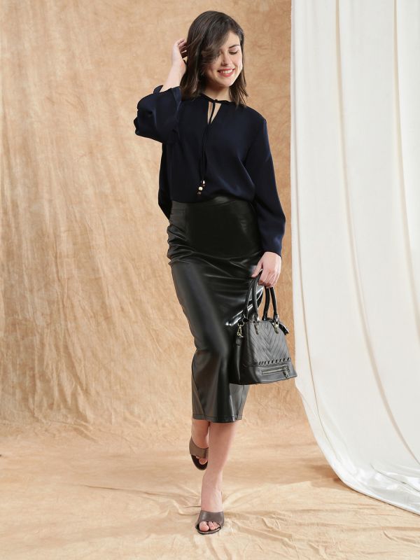 Globus Women Blue Tie-Up V-Neck Flared Sleeve Georgette Formal Top