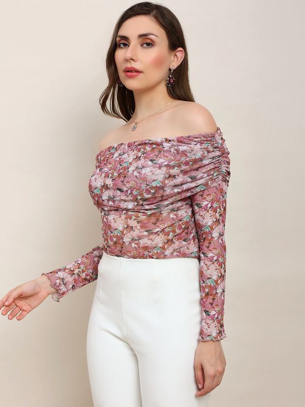 Globus Women Pink Floral Off Shoulder Long Sleeve Ruched Party Top 