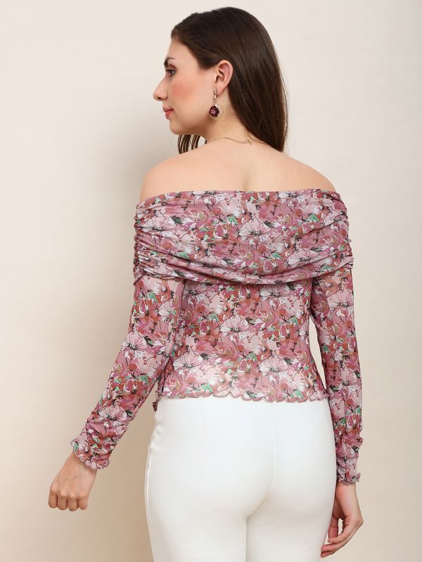 Globus Women Pink Floral Off Shoulder Long Sleeve Ruched Party Top 