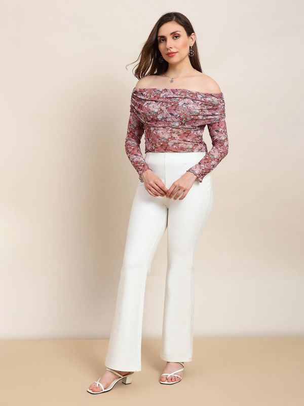 Globus Women Pink Floral Off Shoulder Long Sleeve Ruched Party Top 
