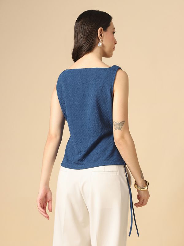 Globus Women Blue Boat Neck Waist Tie-Ups Sleeveless Textured Top