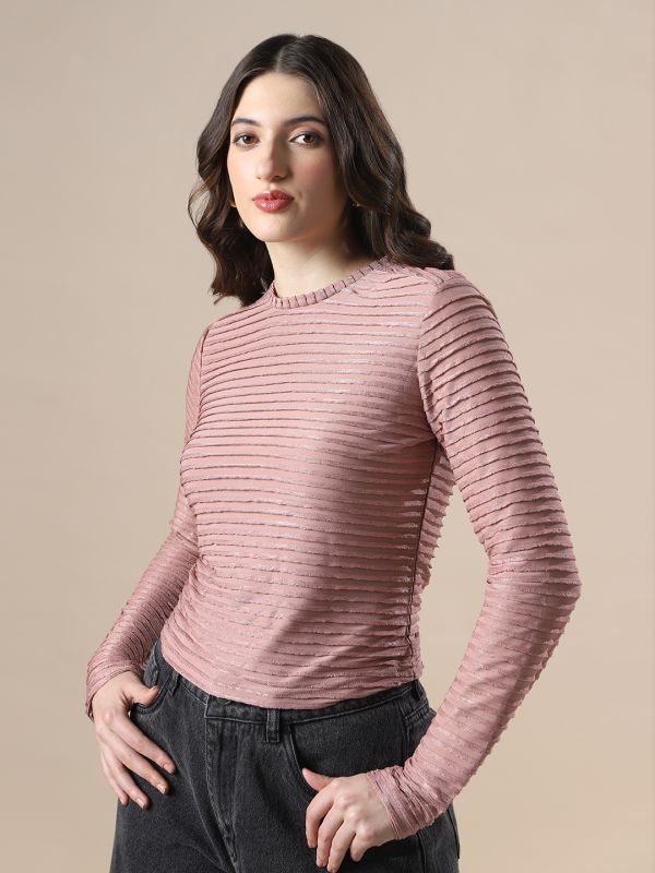 Globus Women Pink Self Design High Neck Full Sleeves Knitted Top