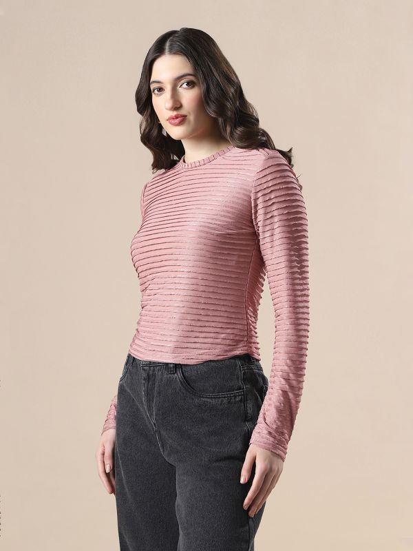 Globus Women Pink Self Design High Neck Full Sleeves Knitted Top