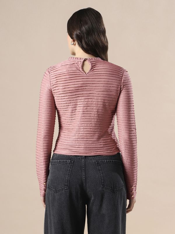 Globus Women Pink Self Design High Neck Full Sleeves Knitted Top