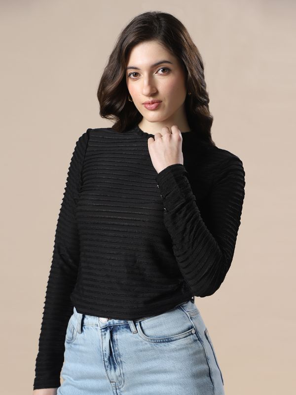 Globus Women Black Self Design High Neck Full Sleeves Knitted Top