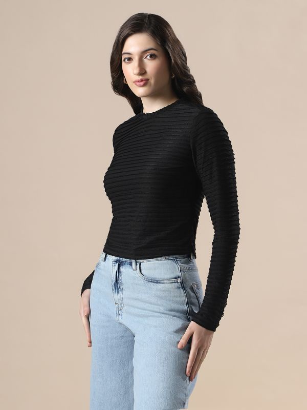 Globus Women Black Self Design High Neck Full Sleeves Knitted Top