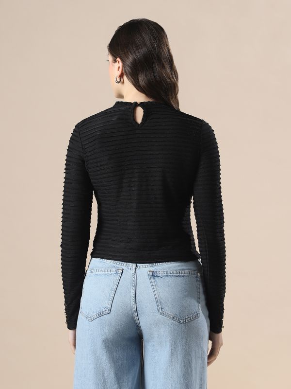 Globus Women Black Self Design High Neck Full Sleeves Knitted Top
