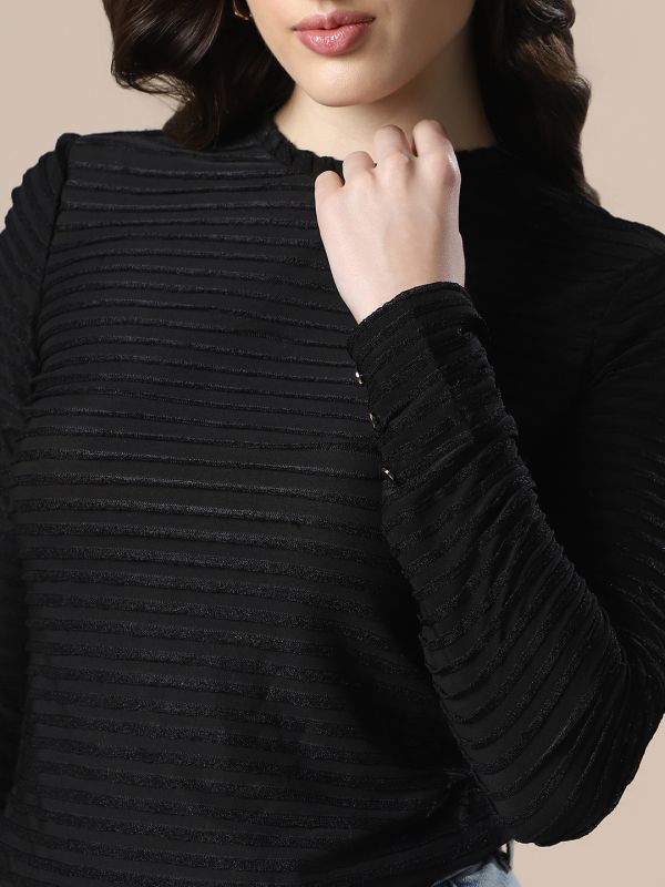 Globus Women Black Self Design High Neck Full Sleeves Knitted Top