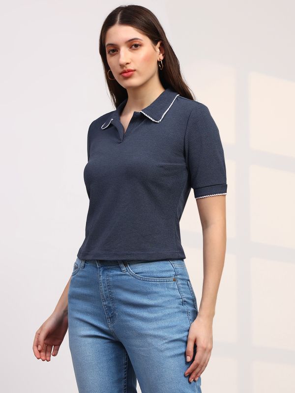 Globus Women Blue Self Design Short Sleeve Collared Neck Lace Detail Top