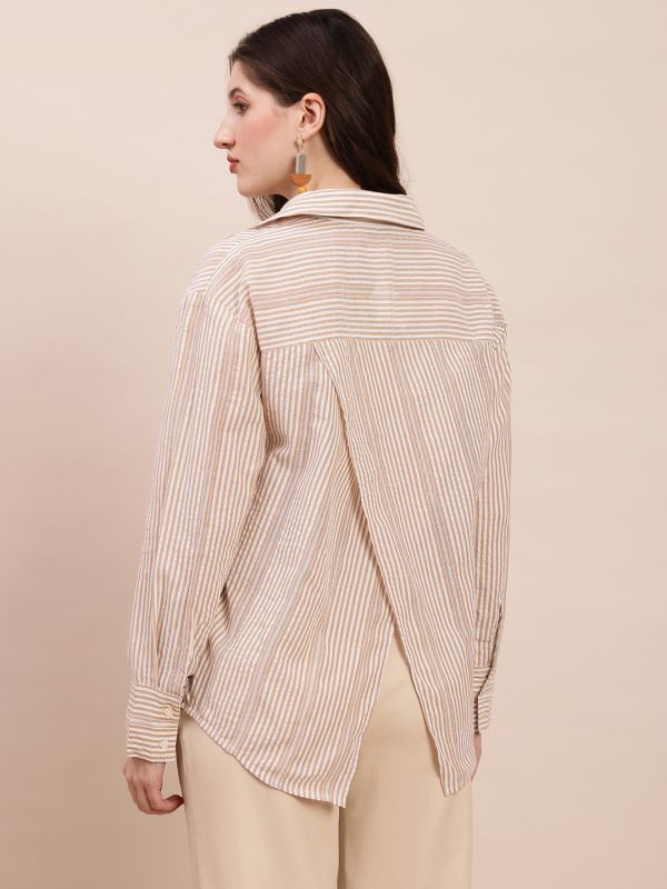 Globus Women Brown Collared Neck Cuffed Sleeves Striped Asymmetric Back Hem Oversized Shirt