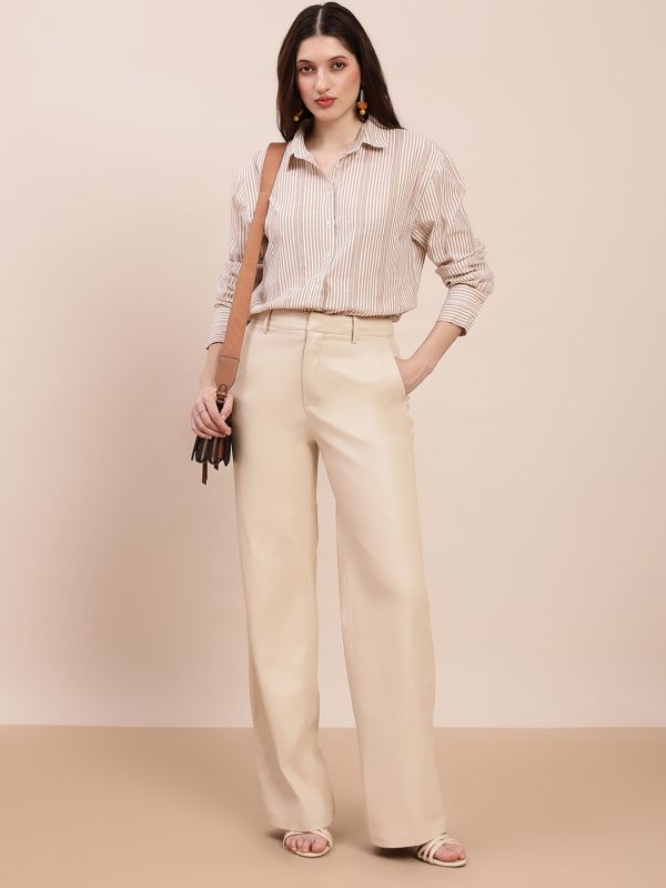 Globus Women Brown Collared Neck Cuffed Sleeves Striped Asymmetric Back Hem Oversized Shirt