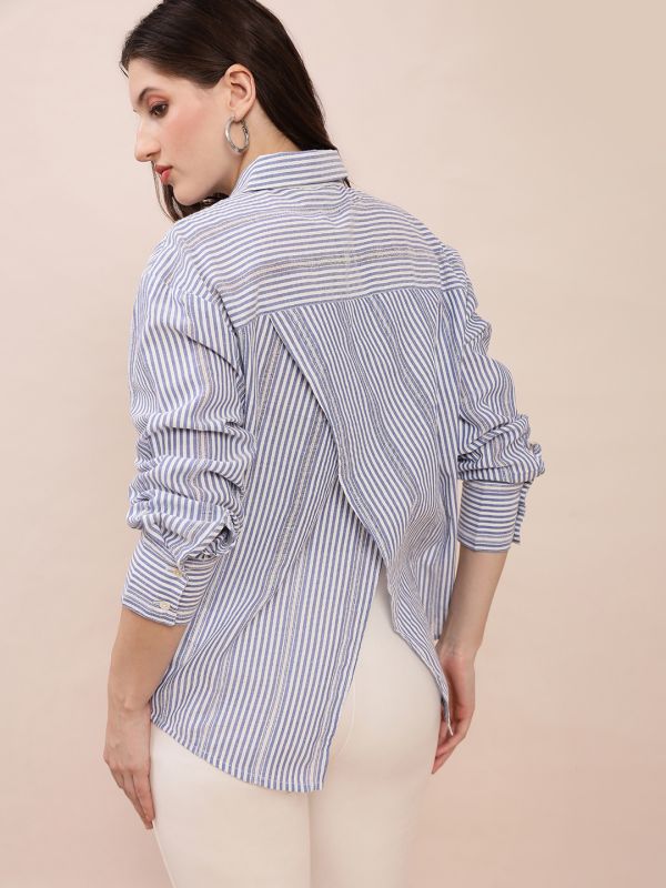 Globus Women Blue Collared Neck Cuffed Sleeves Striped Asymmetric Back Hem Oversized Shirt