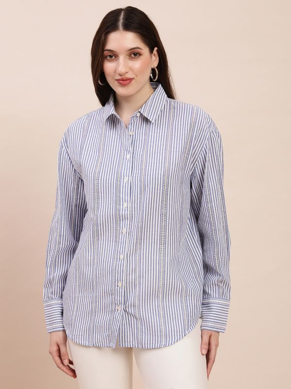 Globus Women Blue Collared Neck Cuffed Sleeves Striped Asymmetric Back Hem Oversized Shirt