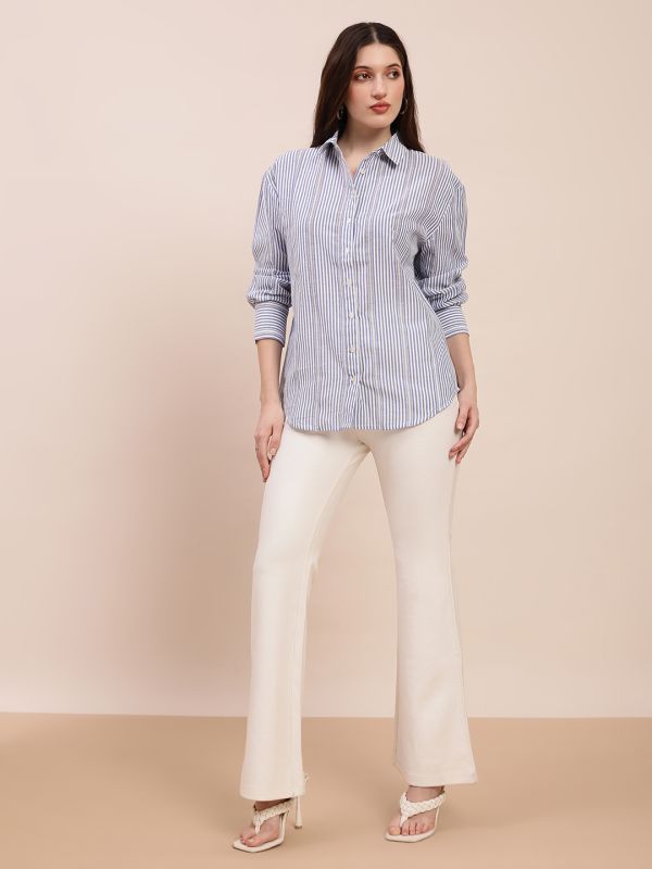 Globus Women Blue Collared Neck Cuffed Sleeves Striped Asymmetric Back Hem Oversized Shirt
