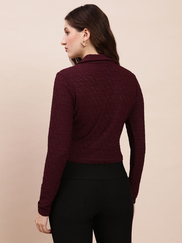Globus Women Burgundy Collared Keyhole Neck Long Sleeves Self Design Top