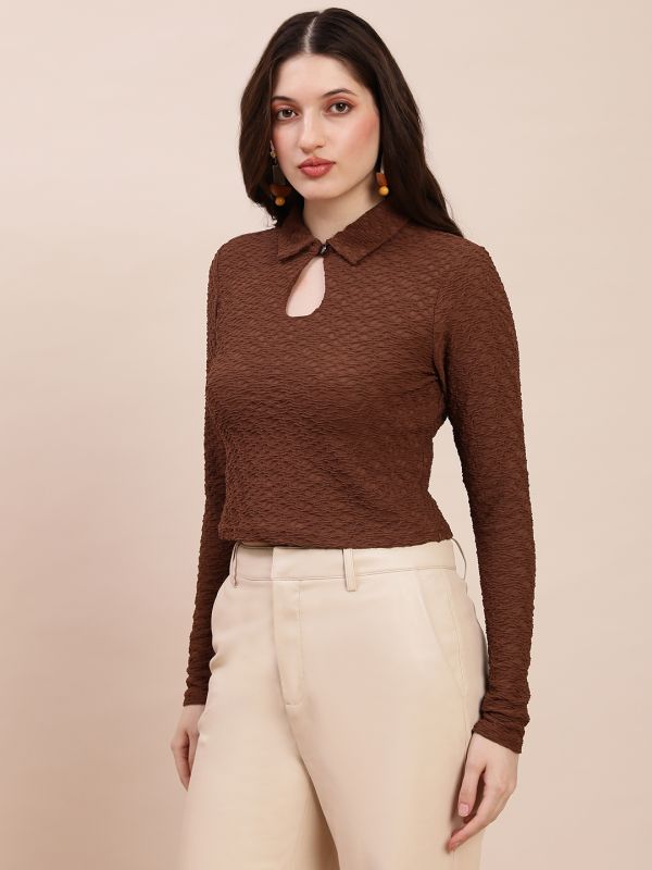 Globus Women Brown Collared Keyhole Neck Long Sleeves Self Design Top