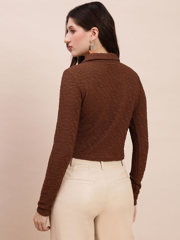 Globus Women Brown Collared Keyhole Neck Long Sleeves Self Design Top