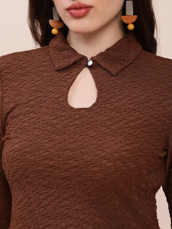Globus Women Brown Collared Keyhole Neck Long Sleeves Self Design Top